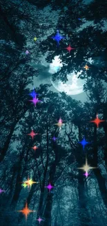 Mystical forest under a moonlit sky with colorful stars in a magical night scene.