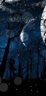 Enchanted night sky with a full moon and silhouetted trees, perfect for mobile wallpaper.