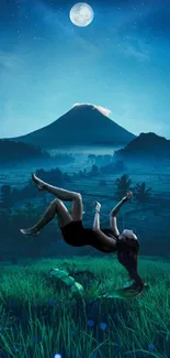 Floating figure under a blue night sky with a moon and mountain in the distance.