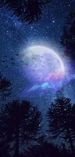 Enchanted night sky with moon, stars, and silhouette trees.