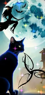 Mystical night scene with black cat, full moon, and witch in blue hues.