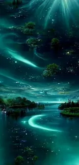 Enchanting night sky wallpaper with stars and serene water scene.