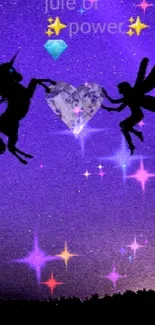 Unicorn and fairy silhouette on a purple starry night sky wallpaper.