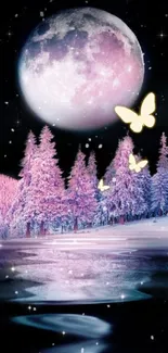 Enchanted night sky with a full moon, butterflies, and a purple forest.