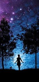 Silhouetted figure under vibrant starry night sky with trees.