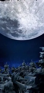 Santa's sleigh against a full moon in a winter forest sky.