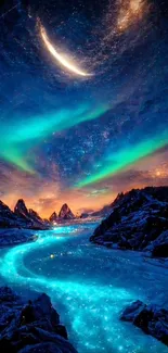 Stunning night sky with vibrant aurora and glowing stream, perfect for wallpaper.