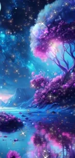 Enchanting night view with starry sky, purple trees, and peaceful water reflection.