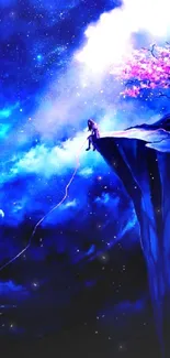 Fantasy night sky wallpaper with pink blossoms and a lone figure on a cliff.