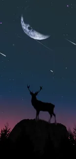 Majestic deer beneath a crescent moon in starry night sky.