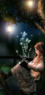 A girl reads under lanterns in an enchanted forest at night, surrounded by butterflies.