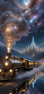Magical train under starry sky with castle reflection.
