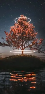 Mystical tree with glowing rings under a starry night sky on a serene island.