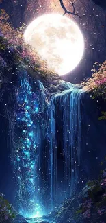 Enchanted night scene with waterfall and glowing full moon in a forest.