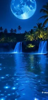 Enchanting night waterfall with moonlit sky.