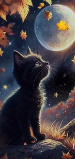 Mystical black cat gazing at autumn moon among falling leaves.