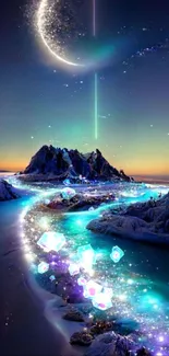 Fantasy art of a vibrant nightscape with a crescent moon and glowing river.