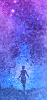 Silhouette in a purple and blue cosmic forest.