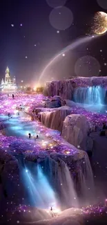 Enchanted nightscape with glowing waterfalls and moon.