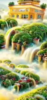 Serene fantasy oasis with waterfalls and lush greenery in a mystical garden.