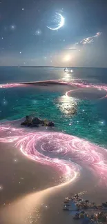 Moonlit ocean wallpaper with glowing pink swirls.