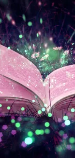 Dreamy open book with magical glowing lights.