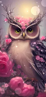 Enchanting owl with pink flowers in a mystical setting wallpaper.