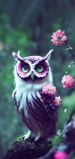 Enchanting owl perched with flowers against a lush green forest.