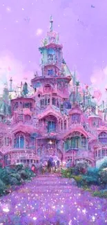 Enchanting pastel castle with purple sky and lush gardens.