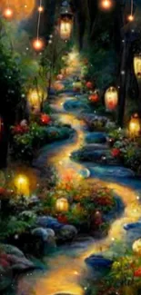 Enchanted forest path with glowing lamps.