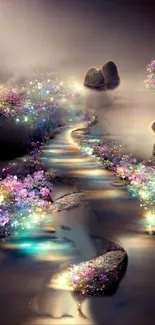 Magical pathway with glowing flowers and mist in a serene fantasy landscape.