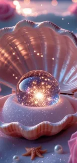 Enchanted pearl inside a glistening shell surrounded by soft petals.
