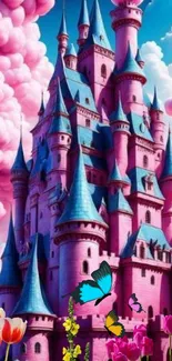 Whimsical pink castle with butterflies and flowers against a vibrant sky.