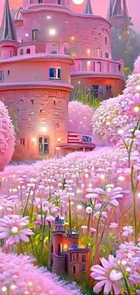 Magical pink castle surrounded by blooming flowers.