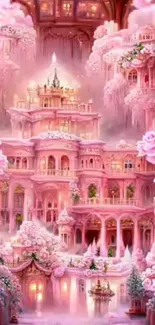 Magical pink castle with floral designs and intricate architecture.