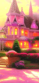 Magical pink cottage with vibrant garden in enchanting scenery.