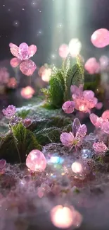 Fantasy pink flower garden wallpaper glowing with an ethereal light.