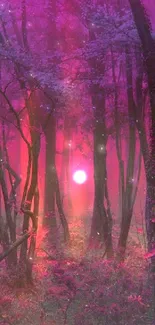 Enchanting pink forest with glowing sunset.