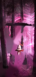 Mystical pink forest scene with a swing in dreamy light.