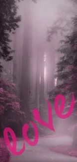 Mystical pink forest way with 'love' text in the center.