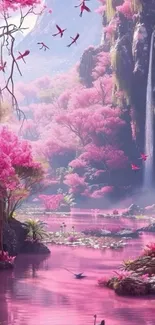 Enchanted pink forest with waterfall.
