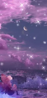 Moonlit sky with pink clouds and stars, magical atmosphere.