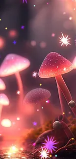 Glowing pink mushrooms in an enchanted forest setting on a mobile wallpaper.