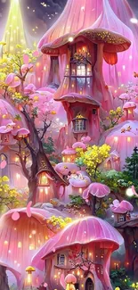 Pink mushroom houses in a magical forest setting.