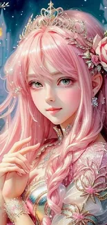 Pink-haired princess with floral accents in a dreamy castle setting.