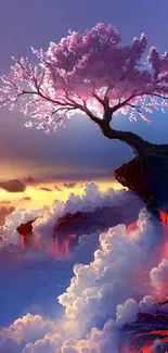 Fantastical pink tree on a dramatic cliff with clouds.