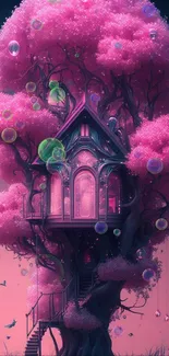 Enchanted treehouse with pink foliage in a mystical setting.