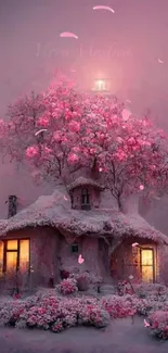 Magical pink blossoms surround a winter cottage at dusk.