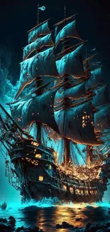 A glowing pirate ship sailing on a dark ocean at night.