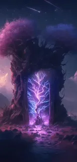 Enchanted portal with purple lightning against fantasy trees.